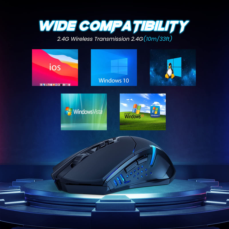 [Australia - AusPower] - Wireless Gaming Mouse- USB Cordless PC Computer Mice with LED Blue Backlit, Ergonomic Silent Gamer Laptop Mouse with 7 Silent Click Buttons, 5 Adjustable DPI Plug & Play for PC, Windows, Mac 