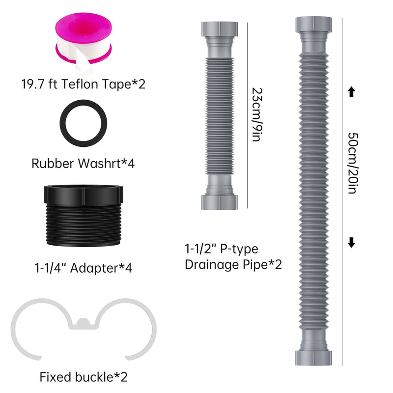 [Australia - AusPower] - SAINT NIEVE 2 Pack Expandable Flexible 1 1/2" or 1 1/4" P-Trap Pipe for Single Kitchen Sink, Drain Pipe Kit With Adapter Seal Ring, for Kitchen Sink Drainage and Garbage Disposal (Gray) 