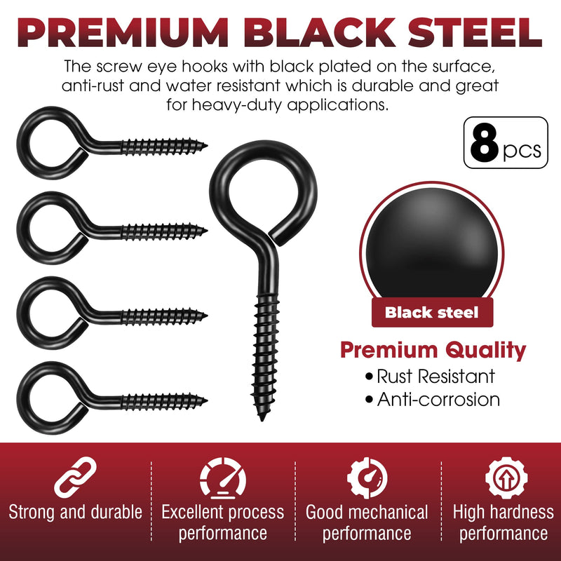 [Australia - AusPower] - 8Pcs Screw Eyes, 3.2 Inch Black Eye Hooks Screw Self Tapping Eye, Heavy Duty Eye Bolt for Wood Securing Cables Wire, Hammock Stand, Indoor & Outdoor Use (8PCS 3.2 Inch) 8PCS 