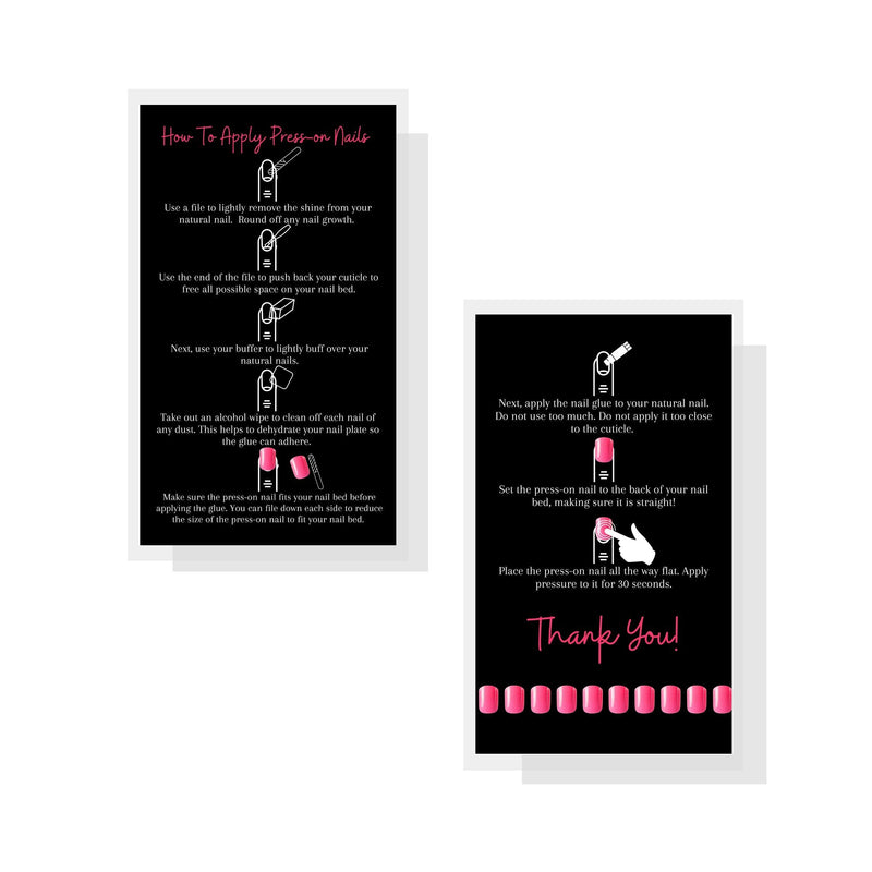 [Australia - AusPower] - Press-On Nail Application Instructions Cards | 50 Pack | 2x3.5" inch Business Card Size | DIY Press-On Nail Kit | Black and Pink Design 