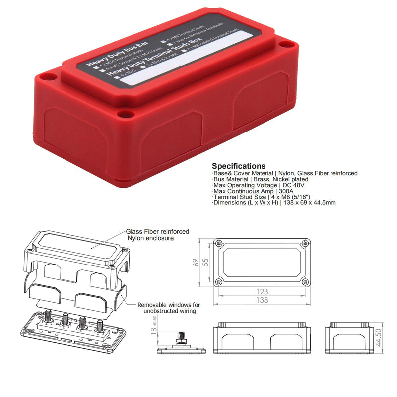 [Australia - AusPower] - T Tocas 300A Heavy Duty Bus Bar Box Nickel Plated Brass Buss 4xM8 (5/16") Stainless Steel Terminal Studs Module Design Power Distribution Block Battery Red 