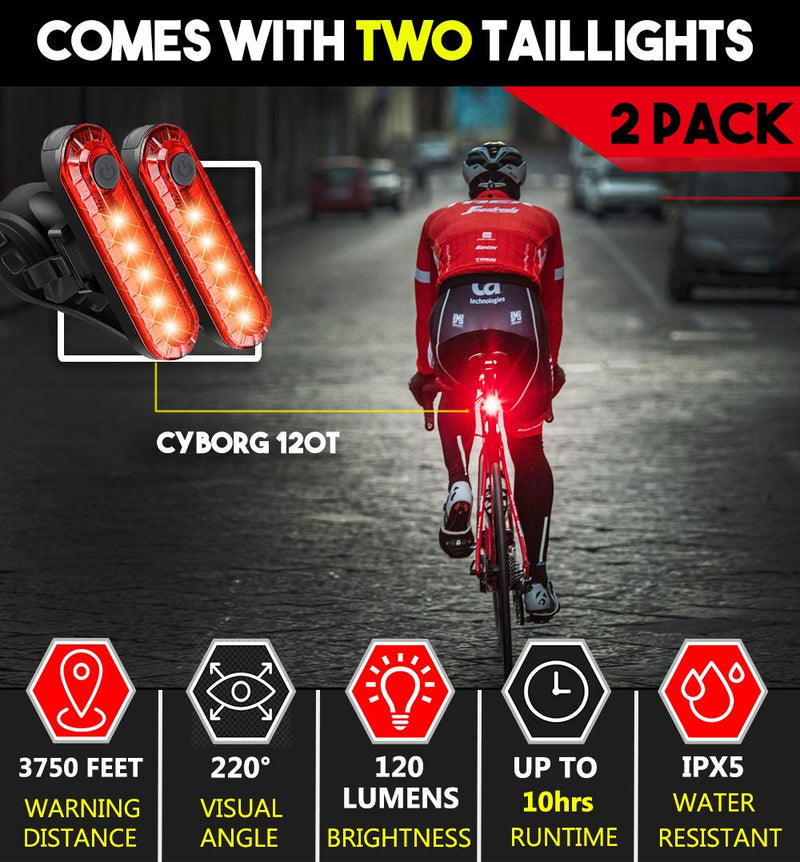 [Australia - AusPower] - BLITZU Bike Tail Lights 2 Pack, Cyborg 120T Bright Red LED Bicycle Rear Light, USB Rechargeable, Waterproof Helmet Light, Cycling Flashlight Safety Reflectors Accessories, Fits Adult & Kids MTB Bikes 