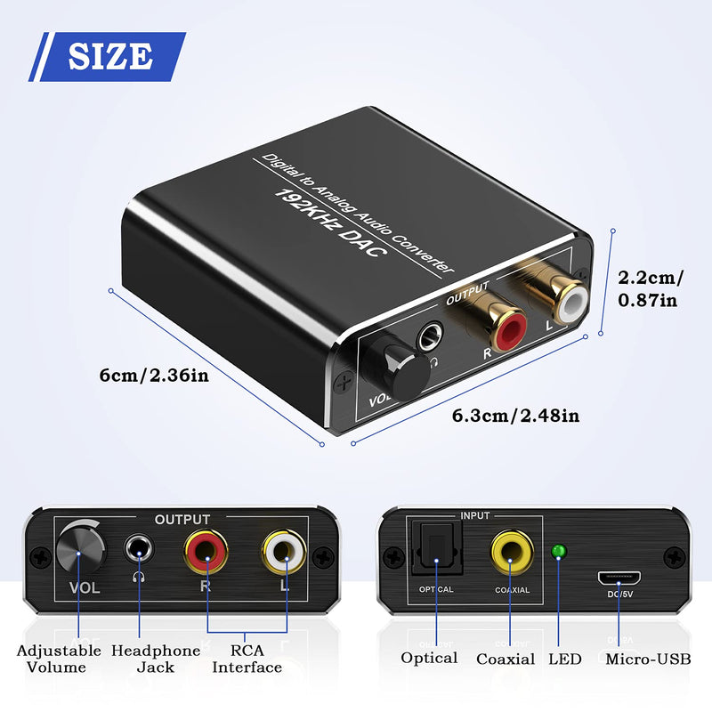 [Australia - AusPower] - Tekholy Digital to Analog Audio Converter 192kHz DAC Converter with Volume Adjustable Aluminum Optical to RCA with Optical & Coaxial Cable Digital SPDIF TOSLINK to Stereo L/R and 3.5mm Jack 