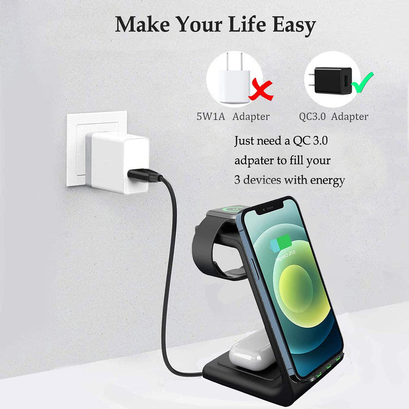[Australia - AusPower] - Updated Wireless Charger, 3 in 1 Charging Station for iPhone 13/13 Pro 12/12 Pro/12 Pro Max/11/XR/X/8, Qi Fast Charging Stand Dock for iWatch Series SE/6/5/4/3/2 AirPods Pro/2/3, Samsung Galaxy Series Black 