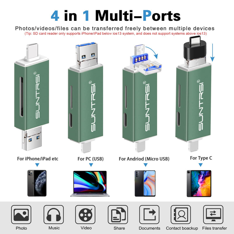 [Australia - AusPower] - 4 in 1 SD Card Reader for iPhone/ ipad/Android/Mac/Camera,Micro SD Card Reader Memory Card Reader Plug and Play Trail Camera Viewer,Simultaneous Charging and Card Reading Micro SD Card Adapter(Green) green 