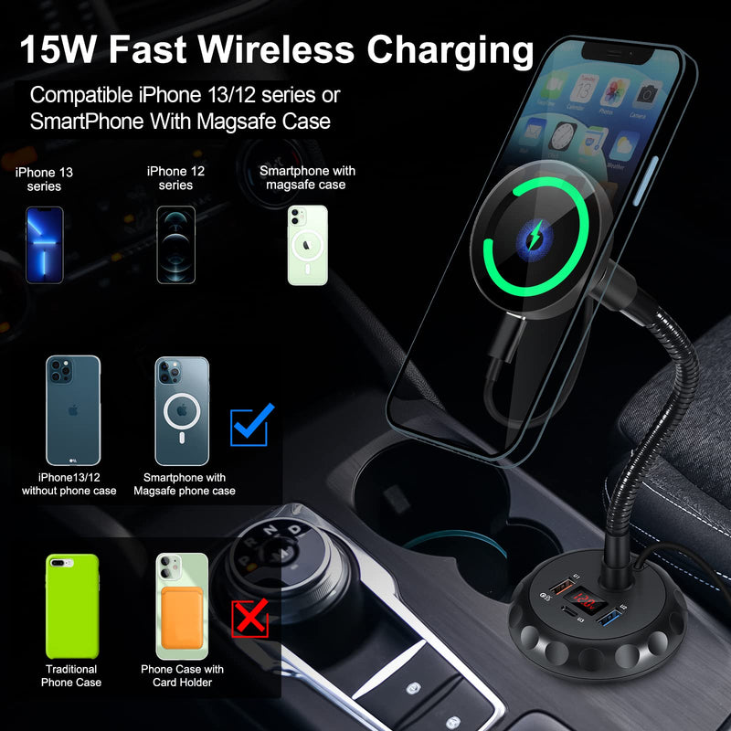 [Australia - AusPower] - Piosoo Cup Holder Phone Mount, 15W Mag-Safe Wireless Car Charger with 3 Ports 54W Qi Fast Charging Car Charger,Auto-Alignment Magnetic Phone Holder for iPhone 13/13Pro/13 Pro Max/12 Series/Mag-Safe 