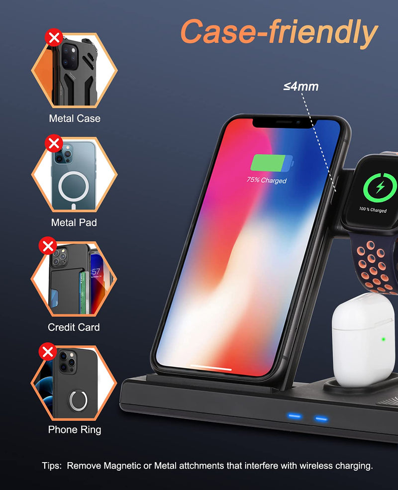 [Australia - AusPower] - Sendowtek Wireless Charger Station - 4 in 1 Charging Station for Phone Earbuds 10W Max Phone Dock Charging Station Compatible with iPhone 13 12 SE 11 X Xr 8 Plus Watch SE 6 5 4 3 2 (No Watch Charger) 