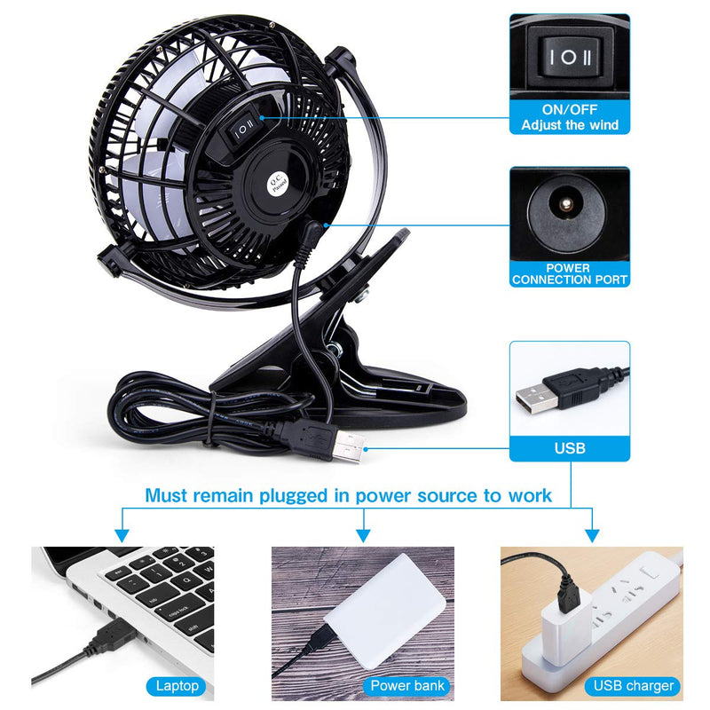 [Australia - AusPower] - KEYNICE USB Desk Fan, 4 Inch Table Fans, Mini Clip on Fan, Portable Cooling Fan with 2 Speed, USB Powered Stroller Fan, 360° Rotate USB Plug in Fan, Personal Quiet Fan for Home Office Camping- Black 01Black 