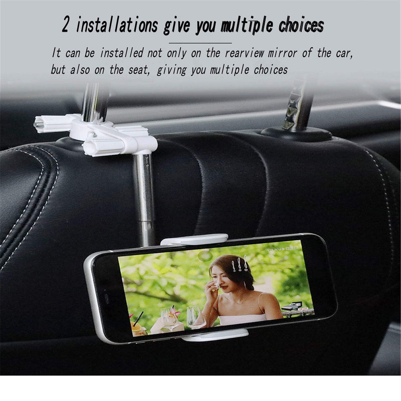 [Australia - AusPower] - 360 Rear View Mirror Phone Holder Phone Stand for Car Cell Phone Automobile Cradle and GPS Mount Adjustable Car Back Seat Mobile Phone Holder Degrees Rotating Retractable (White) white 