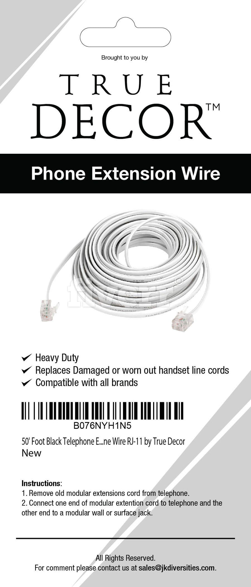 [Australia - AusPower] - 50' Foot Black Telephone Extension Cord Cable Line Wire RJ-11 by True Decor 