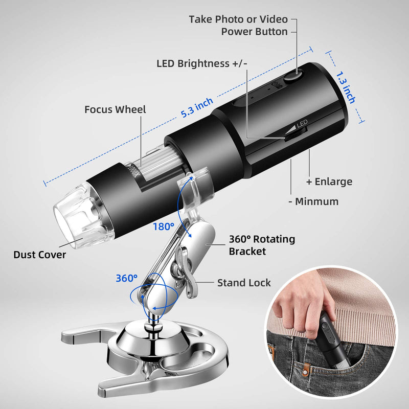 [Australia - AusPower] - STPCTOU Wireless Digital Microscope 50X-1000X Handheld Portable Mini WiFi USB Microscope Camera with 8 LED Lights for iPhone/iPad/Smartphone/Tablet/PC-Black Black 