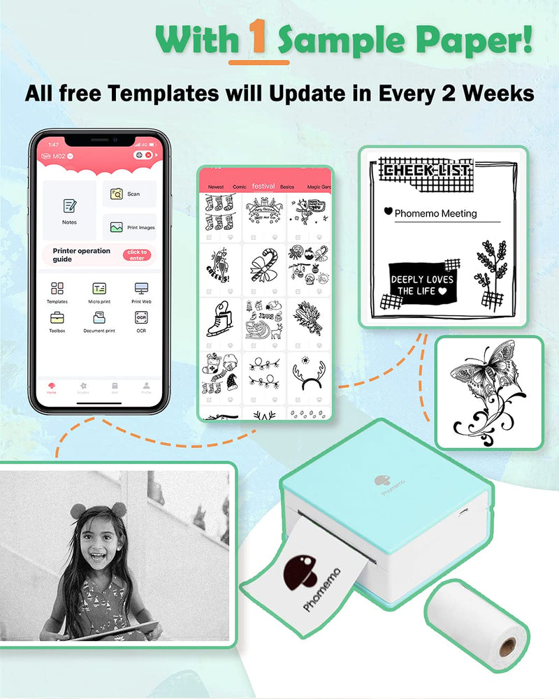 [Australia - AusPower] - Phomemo M02 Pocket Printer- Mini Bluetooth Wireless Portable Mobile Printer Thermal Printer Compatible with iOS + Android for Learning Assistance, Study Notes, Journal, Fun, Work, Ice Cream Green 