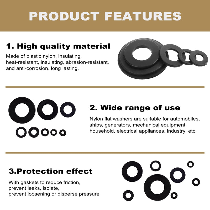 [Australia - AusPower] - QTEATAK 510 Pcs Black Nylon Flat Washer Assortment Kit for Electrical Connections on Household & Commercial Appliances, (M2 M2.5 M3 M4 M5 M6 M8 M10) 