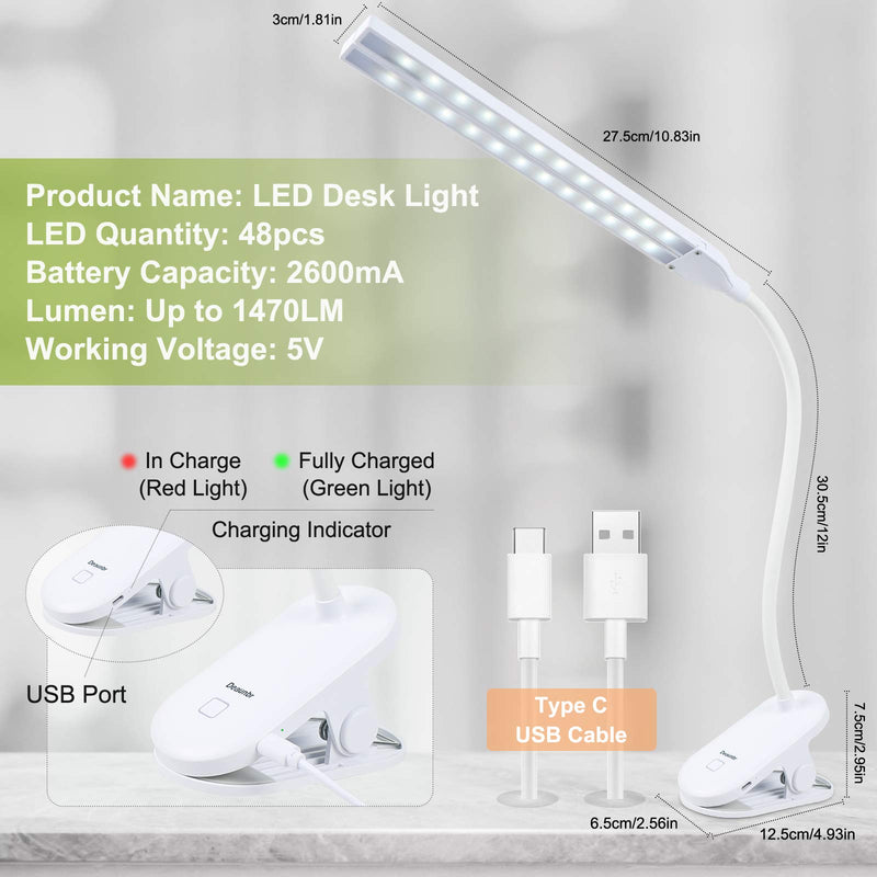 [Australia - AusPower] - LED Reading Light with Clip, Deaunbr Desk Lamp 48 LEDs 2600mAh Battery USB Rechargeable Book Lights Stepless Adjustable Brightness Eye Protection Flexible Table Lamps for Bed Headboard, Home, Office 