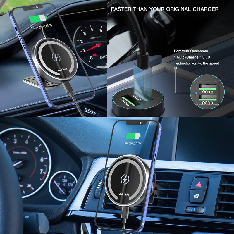 [Australia - AusPower] - Magnetic Wireless Car Charger Auto-Alignment for Magsafe Mount iPhone 12/13 Mini, Pro, Pro Max, Car Air Vent and Car Dashboard Phone Holder with 36W QC 3.0 Fast Car Charger (Black) Black 