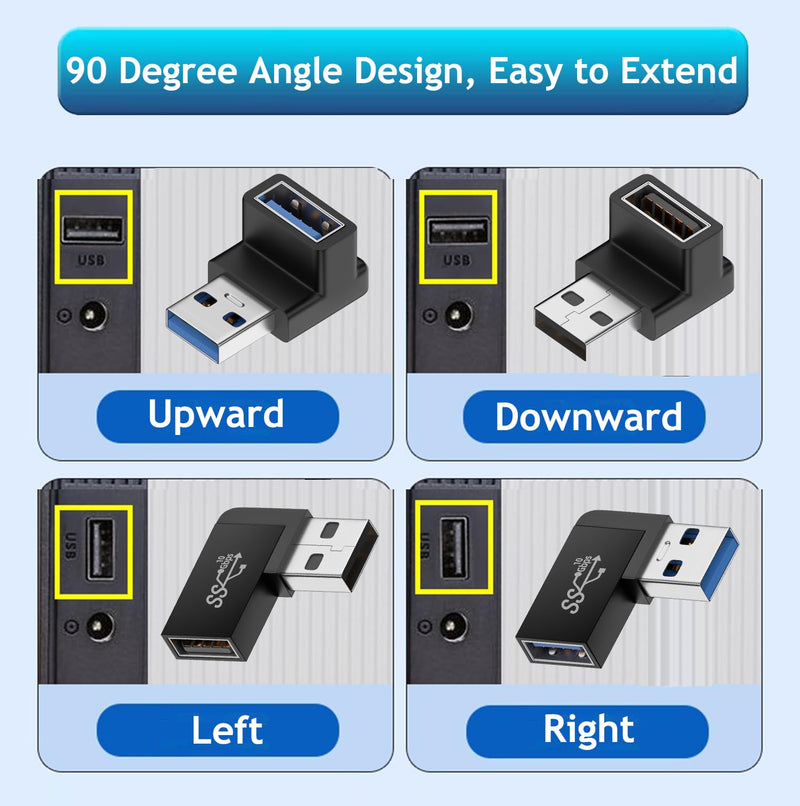 [Australia - AusPower] - Xsusmdom 90 Degree USB 3.0 Male to Female Adapter, (4 Pack) Up and Down & Left and Right Angle USB A Extender Connector for PC, Laptop, Hard Drive, Keyboard, USB A Charger, Power Bank 