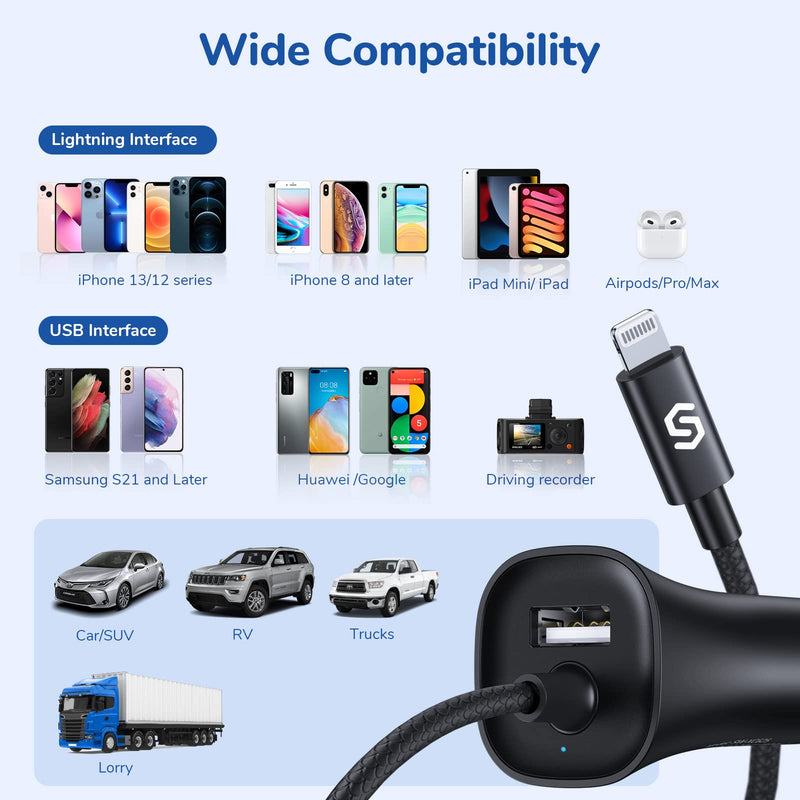 [Australia - AusPower] - [Apple MFi Certified] Syncwire iPhone Car Charger 32W - Upgraded 20W Power Delivery Fast Car Charging Adapter with Built-in Coiled Lightning Cable for Apple iPhone 13/12/11/Xs/XS Max/XR/X, iPad & More 