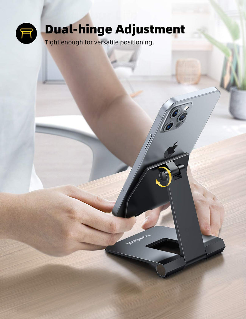 [Australia - AusPower] - Lamicall Adjustable Cell Phone Stand for Desk - Foldable Aluminum Desktop Phone Holder Cradle Dock, Compatible with Phone 13 12 Mini 11 Pro Xs Xs Max Xr X 8 7 6 6s Plus Smartphones, Tablets (4-11'') Black 