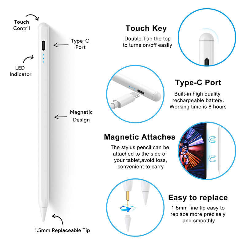 [Australia - AusPower] - Stylus Pen for iPad Pencil with Palm Rejection Magnetic Attachment Active Pencil with Tilt Sensitivity Digital Pencil Compatible with iPad Mini 6/5,iPad 9/8/7/6,iPad Air 4/3,iPad Pro 2021 12.9''/11'' ID716 white 