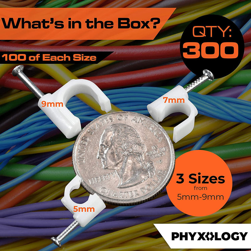 [Australia - AusPower] - Pro-Grade, Cable Clips with Steel Nails 5mm, 7mm, 9mm Wire Holders and Tacks 100 Per Size. Durable, UV Resistant Plastic Clips Help Organize Coax, Ethernet, Cat5, Cat6 and Other Cords. 300 5, 7, 9mm 