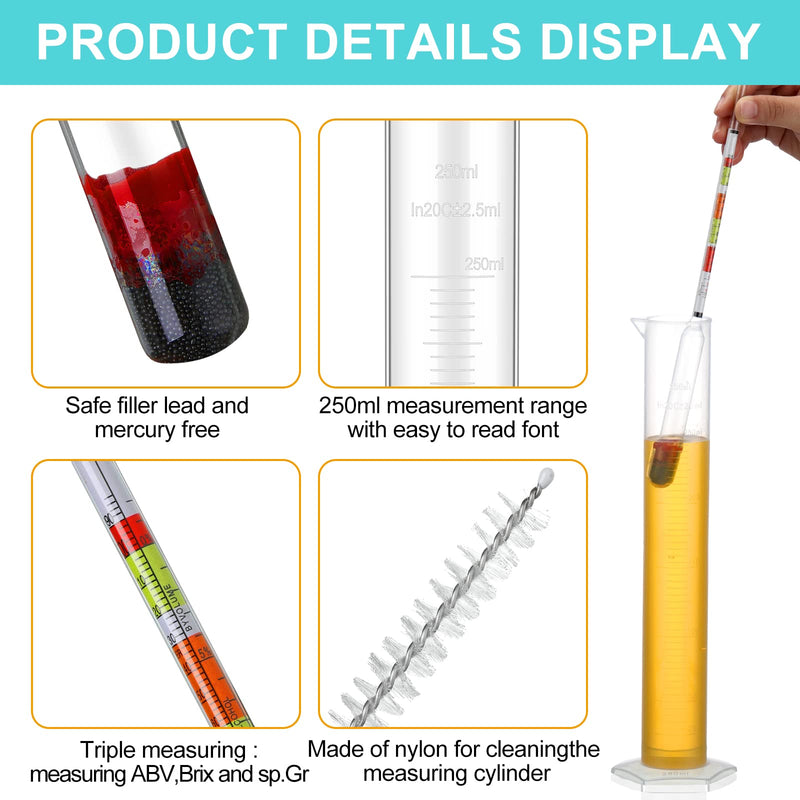 [Australia - AusPower] - Alcohol Hydrometer Alcohol Measuring Tools Hydrometer Test Jar ABV Brix and Gravity Test Kit Triple Scale Hydrometer with 250 Ml Plastic Graduated Cylinder Cleaning Brush and Cloth for Home Brewing 