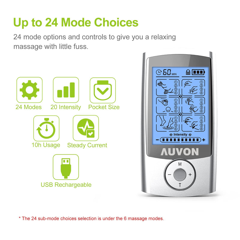 [Australia - AusPower] - AUVON 24 Modes Rechargeable TENS Unit, 4th Gen Muscle Stimulator with 10pcs TENS Machine Electrodes for Pain Relief Therapy & Management 