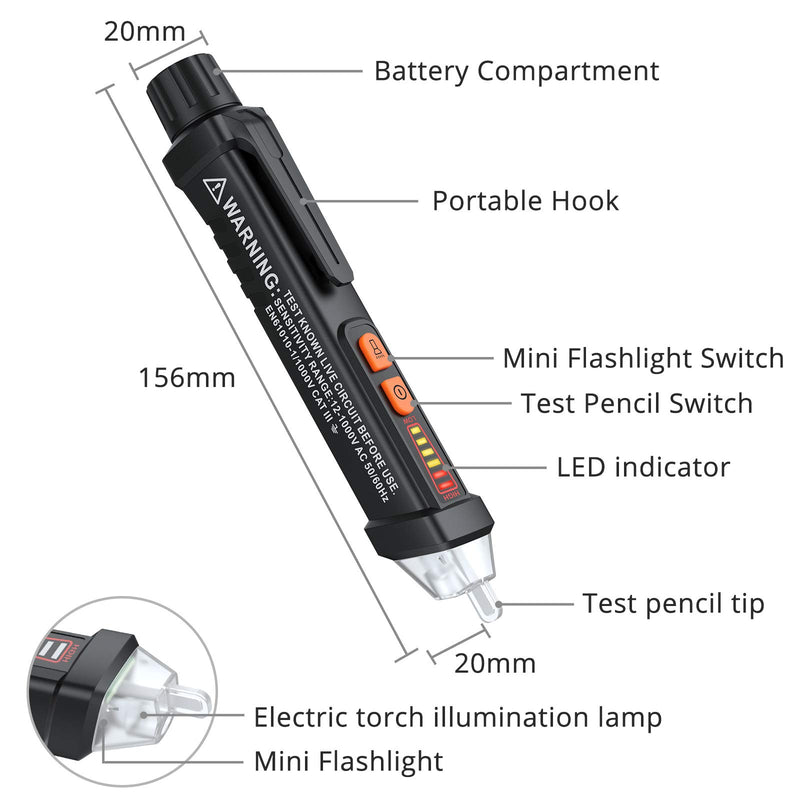 [Australia - AusPower] - Neoteck 12-1000V AC Non-Contact Voltage Tester Detector with Led Flashlight Buzzer Alarm Live/Null Wire Judgment- Black 