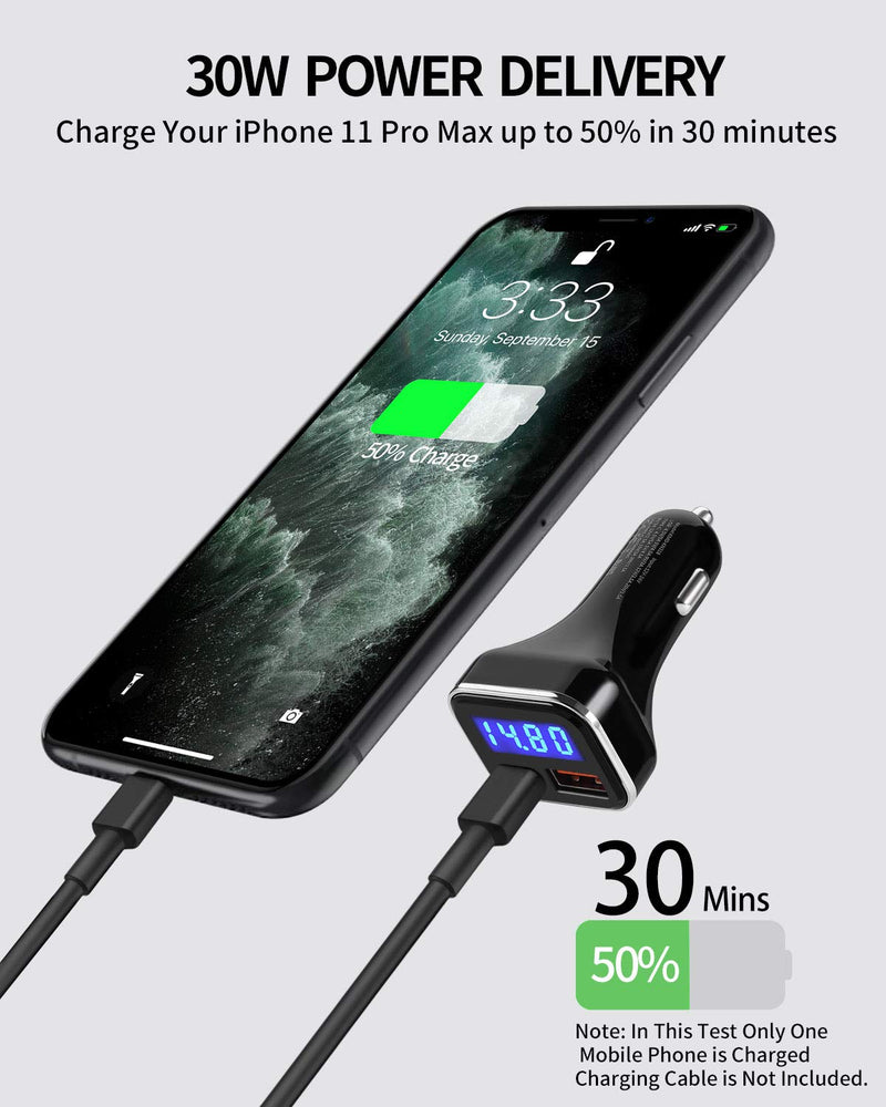 [Australia - AusPower] - USB C Car Charger Adapter with Voltage Display, 30W Cigarette Lighter Type C Fast Charge Power Delivery & Quick Charge 3.0 (PD & QC), Volt Meter Battery Monitor, Compatible With iPhone 12 Galaxy Pixel 