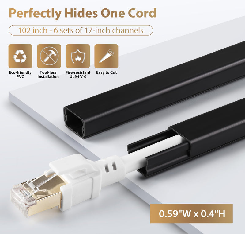 [Australia - AusPower] - 102in Cord Hider, Cable Hider for One Cord, Paintable Wire Covers for Cords Wall, PVC Wire Hider, Single Cable Raceway for A Thick Extension Cord, Wall Cord Concealer, 6xL17in W0.59 H0.4in, Black Small - 102 in 