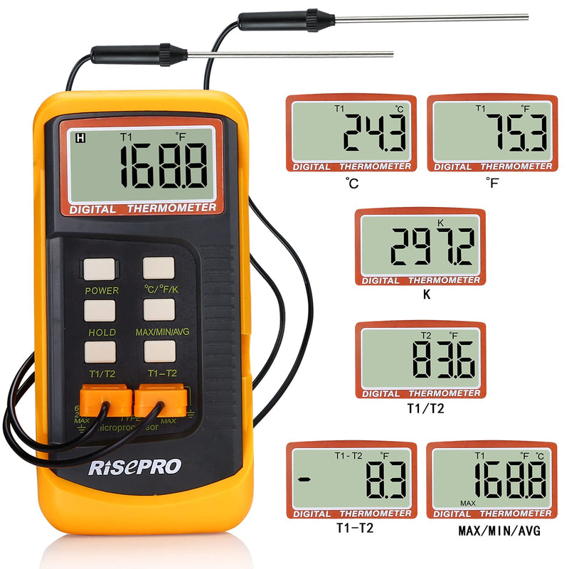 [Australia - AusPower] - RISEPRO Digital 2 Channels K-Type Thermometer w/ 4 Thermocouples (2 Wired & 2 Stainless Steel), -58~2372°F (-50~1300°C) Handheld Desktop High Temperature Kelvin Scale Dual Measurement Meter Sensor 