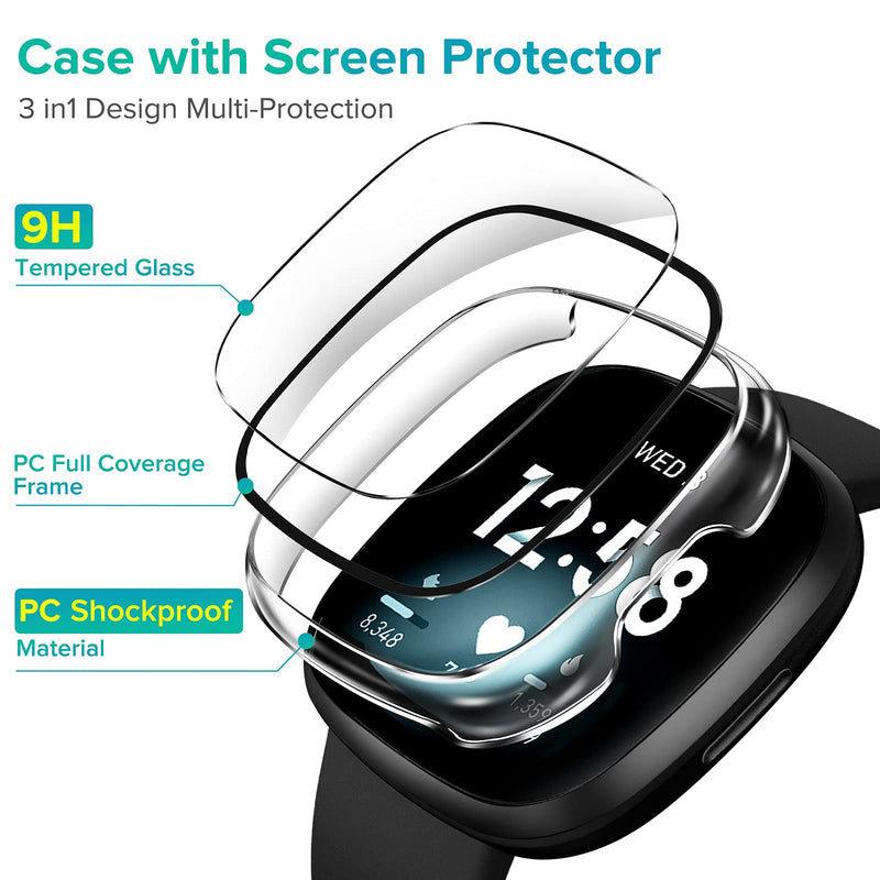 [Australia - AusPower] - [4 Pack] iVoler Screen Protector Tempered Glass for Fitbit Sense/Versa 3, Hard PC case with Bumper Cover Sensitive Touch Full Coverage Protective Case for Sense/Versa 3 Smart Watch, Transparent 