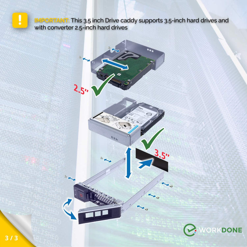 [Australia - AusPower] - WorkDone 3.5 inch Drive Caddy with 2.5 inch HDD Adapter - Compatible for Dell PowerEdge Servers - R740 R640 R540 R440 R340 R550 R450 R650xs R750xs - Bright LED Tray - with Detailed Setup Manual 