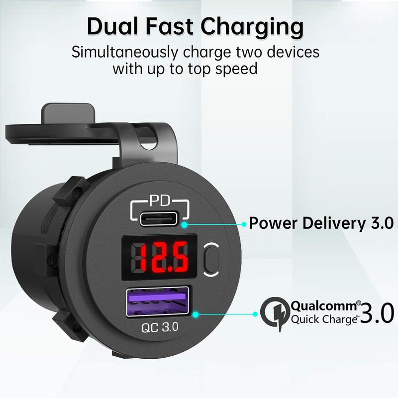 [Australia - AusPower] - 12V USB C Car Charger Socket, Ouffun Dual PD & QC 3.0 Ports 12V USB Car Outlet Adapter with Button Switch, lPhone Fast Charger with 23.7 Inches Wire for Car Boat Marine Bus Golf Cart RV Motorcycle 