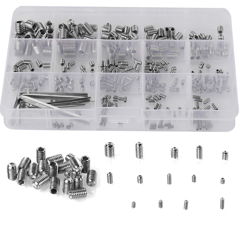 [Australia - AusPower] - HanTof 340Pcs M2.5, M3, M4, M5, M6, M8 Metric Hex Socket Head Cup Point Set Screws, Allen Head Grub Screw, Internal Hex Drive Headless Set Screw Assortment Kit with 6 Hex Wrenches, 304 Stainless Steel Silver-340pcs Metric M2.5-M8 Cup Point Set Screw 