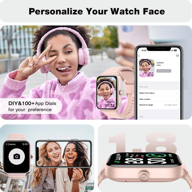 [Australia - AusPower] - Fitpolo Smart Watch for Women,1.8" Alexa Fitness Watches Call and Text, 100+ Sports, SpO2 Heart Rate Monitor Sleep Calorie Step Counter Waterproof Activity Trackers and Smartwatches for Android iPhone PINK 
