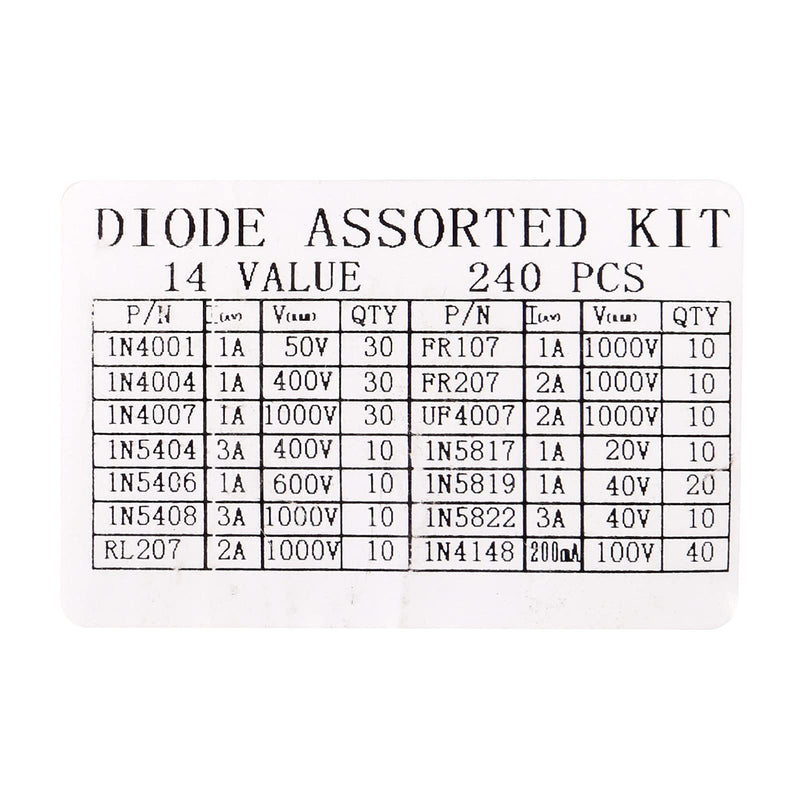 [Australia - AusPower] - ALMOCN 14 Value 240Pcs Diode Assortment Kit,Rectifier/Fast Recovery/Schottky/Switching Diode 1N4001 1N4004 1N4007 1N5404 1N5406 1N5408 RL207 FR107 FR207 UF4007 1N5817 1N5819 1N5822 1N4148 