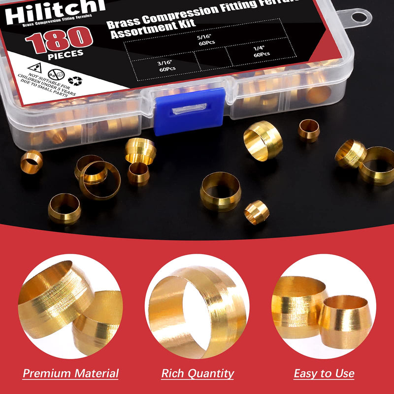 [Australia - AusPower] - Hilitchi 3Sizes Tube OD 3/16 1/4 5/16 Brass Compression Sleeves Ferrules Compression Fitting Kit (SAE, 180Pcs) 