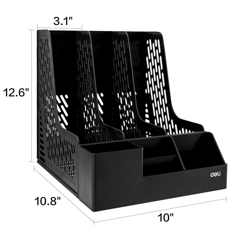 [Australia - AusPower] - Deli Magazine File Book Holder Desktop Organizer Vertical Document Folder with Pencil Holder and Storage Basket for Desk Accessories, 3 Compartments, Black A - Black - With Storage Basket 