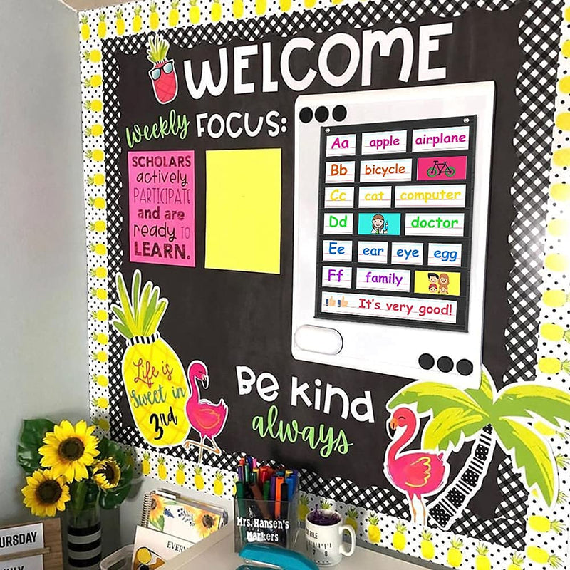[Australia - AusPower] - Auchq Magnetic Pocket Chart,Standard Pocket Chart with 7+1 Pockets,14 Double-Sided Dry-Eraser Cards for Daily Schedule,Class Demonstrations,Classroom Office Home Activities (Black) Black 