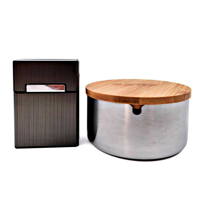 [Australia - AusPower] - Classic Metal Ashtray with Bamboo Lid for Cigarettes - Silver Windproof Outdoor Ashtrays Can Patio Outdoor Indoor Decorative Fancy Ash Tray 