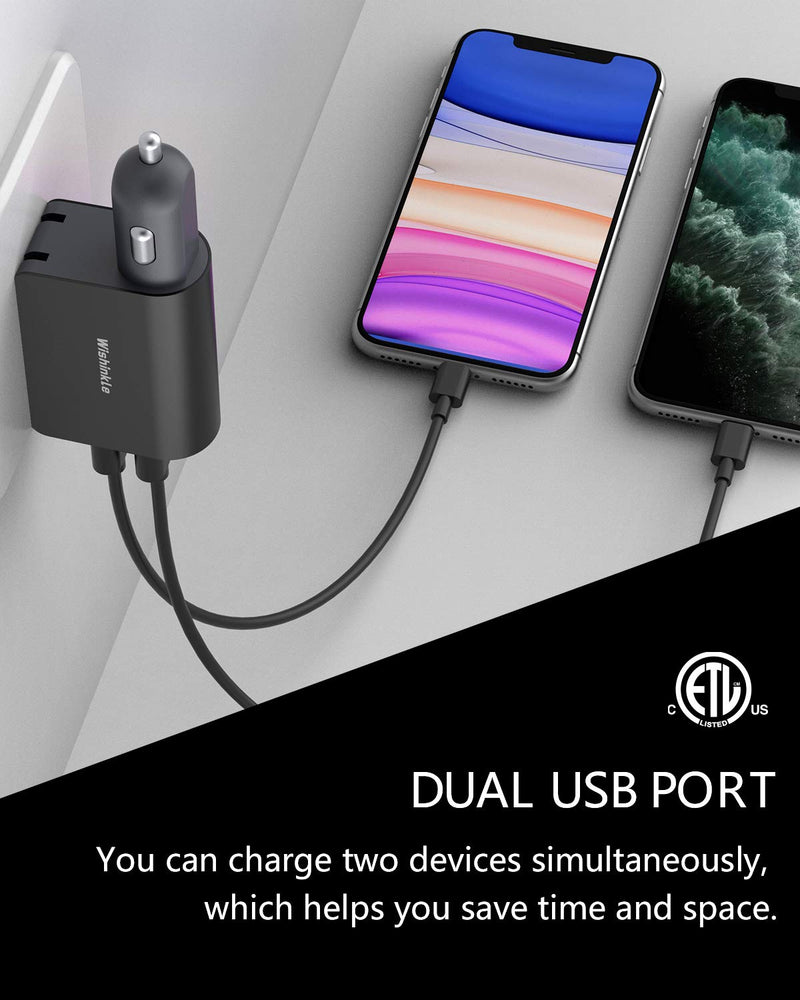 [Australia - AusPower] - Wishinkle 2-in-1 USB Car Charger with Wall Plug, Portable Dual USB Port Car Charger with Foldable Plug Power Adapter Compatible with iPhone X XR XS 7 8 Plus Note 8 9 Galaxy S8 S9 Plus and More 