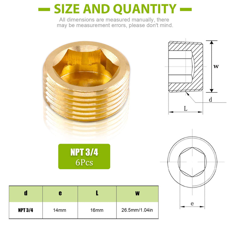 [Australia - AusPower] - Keadic 6 Pieces Brass Pipe Fitting Set, 3/4 inch NPT Pipe Plug Brass Pipe Fitting Internal Hex Thread Socket for Closing the End of Pipe 3/4 inch - 6PCS 