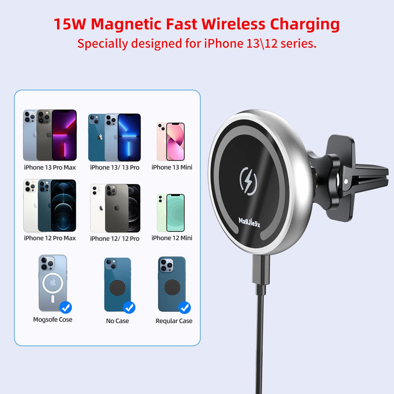 [Australia - AusPower] - Magnetic Wireless Car Charger Mount Stick On Car Dashboard for MagSafe iPhone 13/13 Pro/ 13 Pro Max/ 13 Mini/iPhone12/12 Pro/ 12 Pro Max/12 Mini, and Air Vent Car Phone Holder (Silver) Sliver 