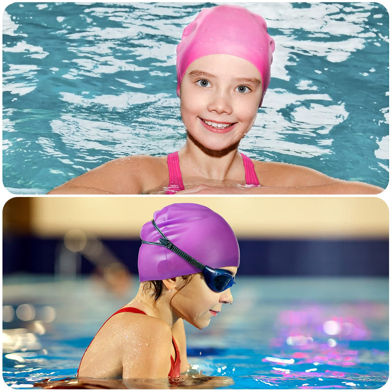 [Australia - AusPower] - 3 Pieces Kids Swim Caps for Long Hair Silicone Swimming Cap for Girls Boys Kids Teens with Long Curly Hair Braids Dreadlocks Large Waterproof Swim Hat Plain Style Pink, Light Blue, Purple 