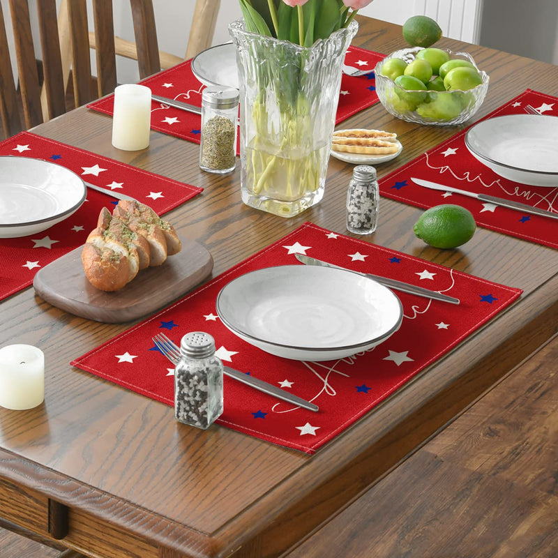 [Australia - AusPower] - Artoid Mode Red Blue Stars America 4th of July Patriotic Memorial Day Placemats for Dining Table, 12 x 18 Inch Summer Seasonal Holiday Rustic Vintage Washable Table Mats Set of 4 
