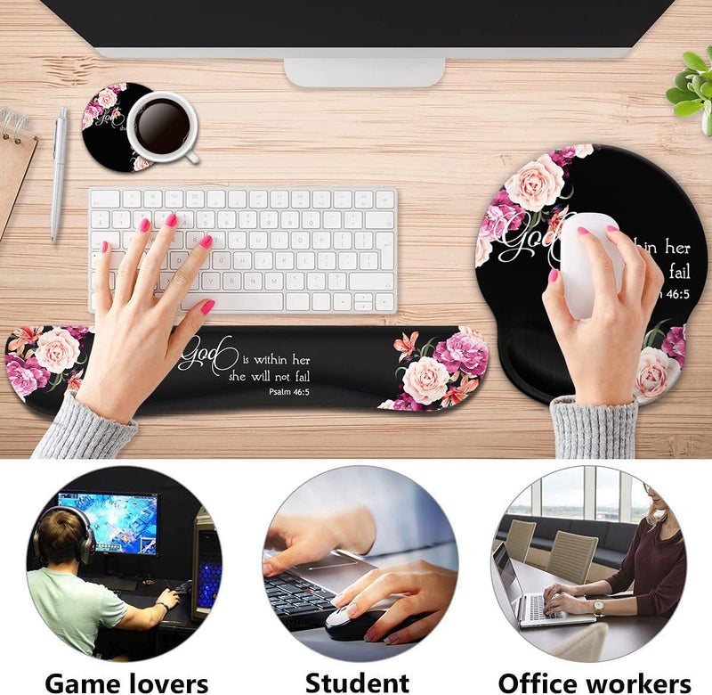 [Australia - AusPower] - Keyboard Wrist Rest Pad and Ergonomic Mouse Pad Wrist Support Set for Computer, Gaming , Office, Pain Relief + Coasters，Peony Flower Psalm 46:5 God is Within Her, She Will Not Fall Fd-wristrest-3 