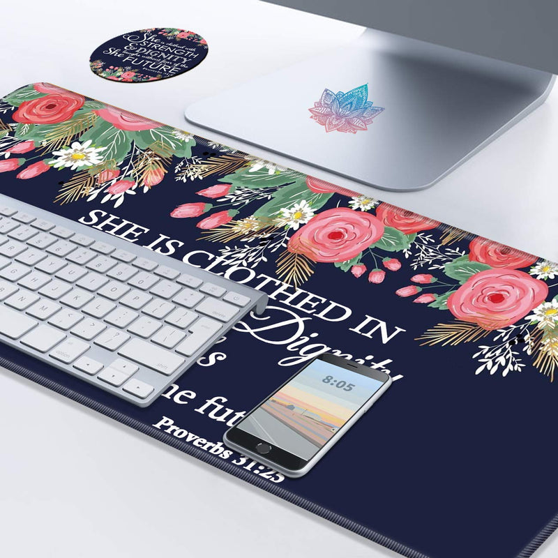 [Australia - AusPower] - Desk Pad Navy Blue Flower Bible Proverbs 31:25 Mouse pad with Cute Coasters and Pink Mandala Stickers Non-Slip Rubber Large Gaming Mouse Mat, Multifunctional Office Desk Mat 