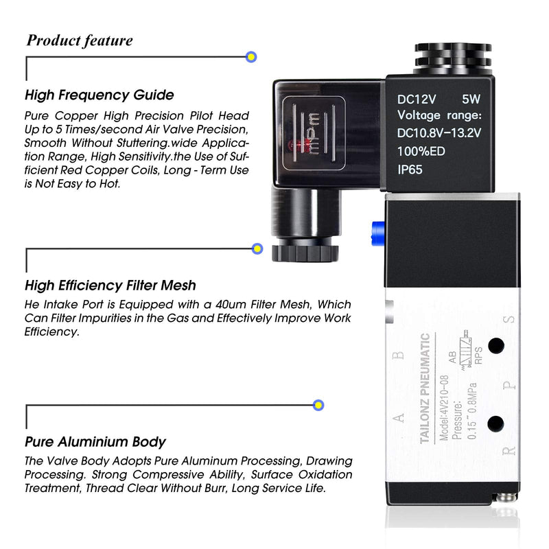 [Australia - AusPower] - TAILONZ PNEUMATIC 1/4"NPT Solenoid Valve 4V210-08 12V/24V/110V/220V Single Coil Pilot-Operated Electric 2 Position 5 Way Connection Type DC12V 