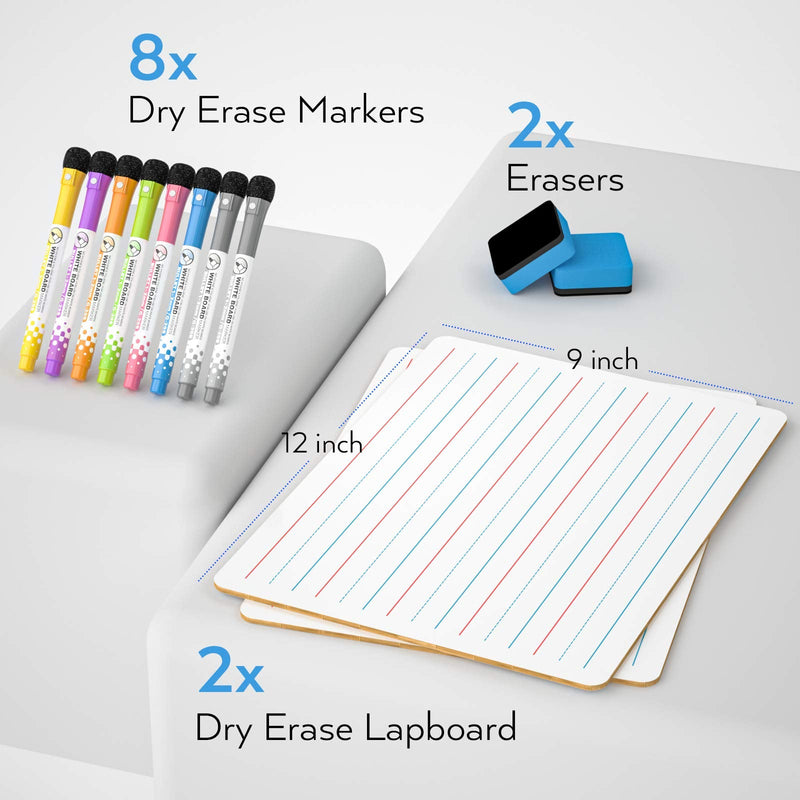 [Australia - AusPower] - Nicpro Dry Erase Lap Board 9 x 12 inches 2 Pack Ruled Kid Double Sided Blank & Lined Small Lapboard with 8 Pens, 2 Eraser, Learning Mini Whiteboard Portable for Student and Classroom Use 