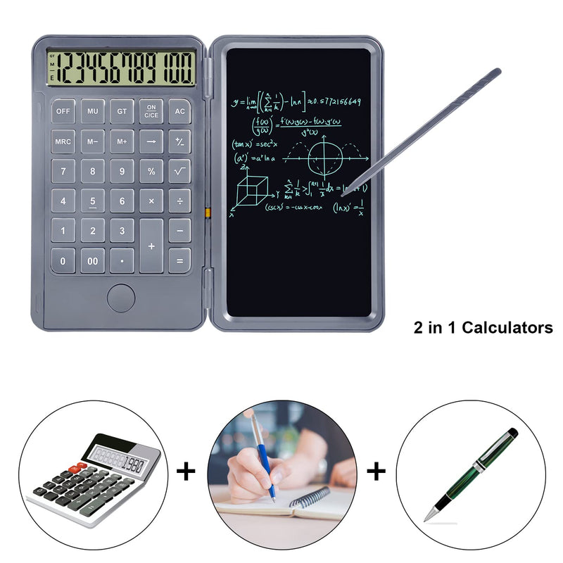 [Australia - AusPower] - Calculator Writing Tablet- Doodle Pad Calculators, Mute Portable and Foldable Desktop Calculator with Erasable Writing Board, Multi-Function Portable Rechargeable Calculator for Kids (Grey) Grey 